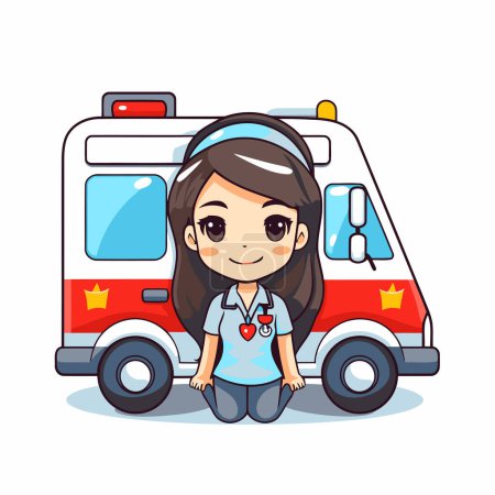 Téléchargez les illustrations : Jolie petite fille en uniforme avec voiture d'ambulance. Illustration vectorielle. - en licence libre de droit