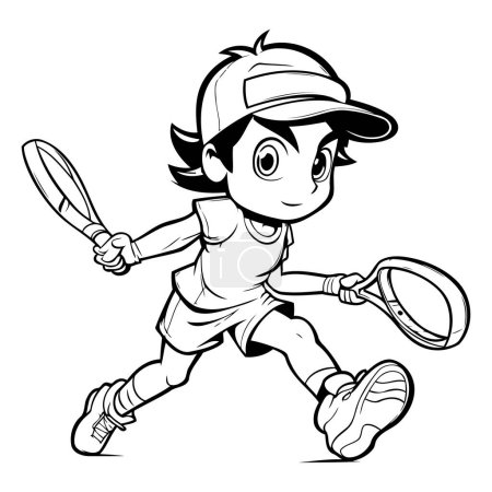 Téléchargez les illustrations : Joueur de tennis - Illustration de dessin animé noir et blanc. Graphique vectoriel - en licence libre de droit