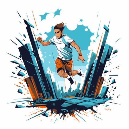 Ilustración de Hombre corriendo en el fondo de la ciudad. ilustración vectorial. Deporte y estilo de vida saludable. - Imagen libre de derechos