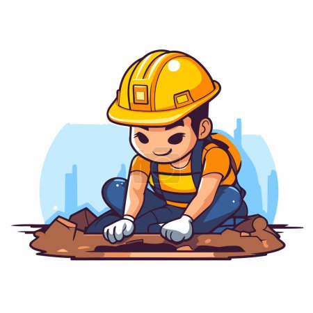 Illustration for Cartoon boy construction worker with helmet and tools. Vector illustration. - Royalty Free Image