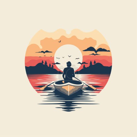 Illustration for Silhouette of a man rowing in a boat on the lake. Vector illustration - Royalty Free Image