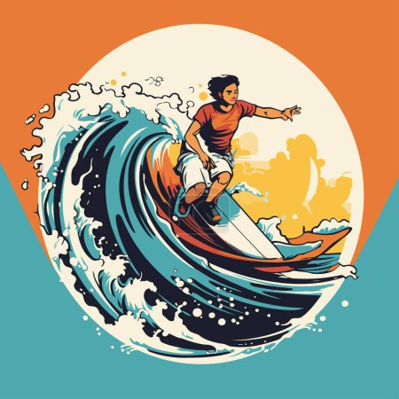 Illustration for Surfer riding on a wave. Vector illustration in retro style. - Royalty Free Image