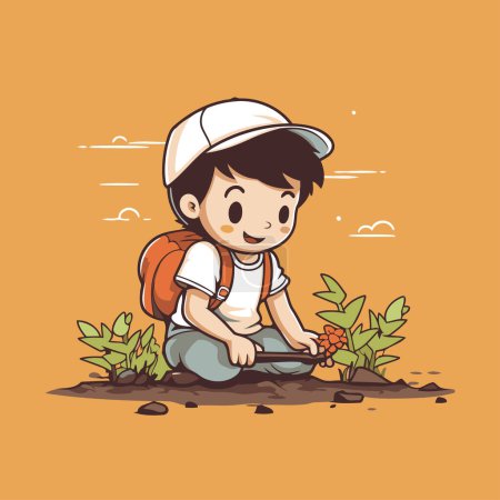 Illustration for Cute little boy planting flowers in the garden. Vector illustration. - Royalty Free Image