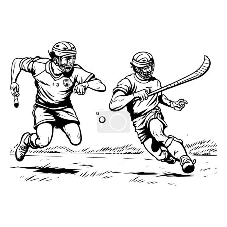 Illustration for Illustration of a hockey players with ball and stick in action. - Royalty Free Image