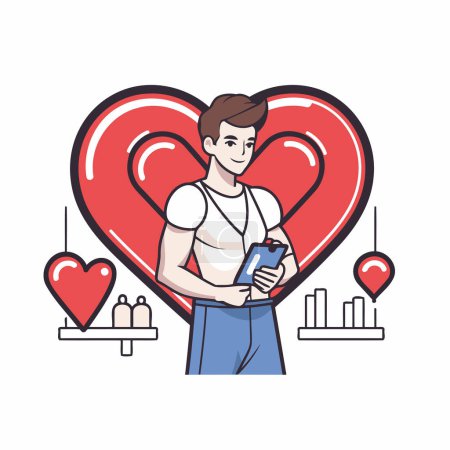Téléchargez les illustrations : Illustration vectorielle d'un jeune homme avec un smartphone en forme de cœur - en licence libre de droit