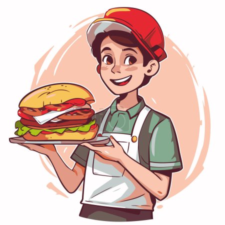 Téléchargez les illustrations : Illustration vectorielle d'une femme en uniforme tenant une assiette avec hamburger - en licence libre de droit