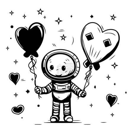 Téléchargez les illustrations : Mignon astronaute avec ballon cardiaque. Illustration vectorielle dans le style dessin animé. - en licence libre de droit