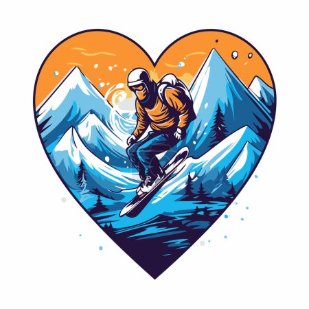 Téléchargez les illustrations : Snowboarder dans les montagnes. Illustration vectorielle dans un style rétro. - en licence libre de droit