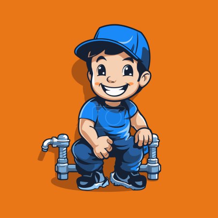 Téléchargez les illustrations : Plombier mignon petit garçon avec tuyauterie Service personnage de bande dessinée - en licence libre de droit