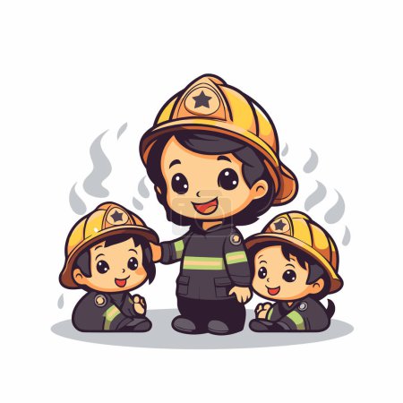 Téléchargez les illustrations : Mignon pompier de dessin animé et les enfants en uniforme. Illustration vectorielle. - en licence libre de droit