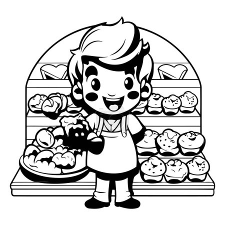 Téléchargez les illustrations : Mignon petit garçon avec du pain au supermarché dessin animé vectoriel illustration conception graphique - en licence libre de droit