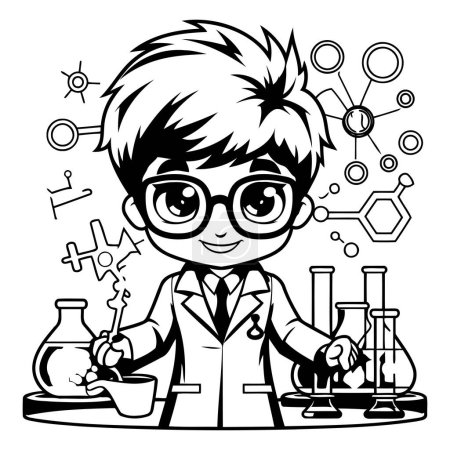 Illustration for Black and White Cartoon Character of a Chemist or Scientist with Glasses - Royalty Free Image
