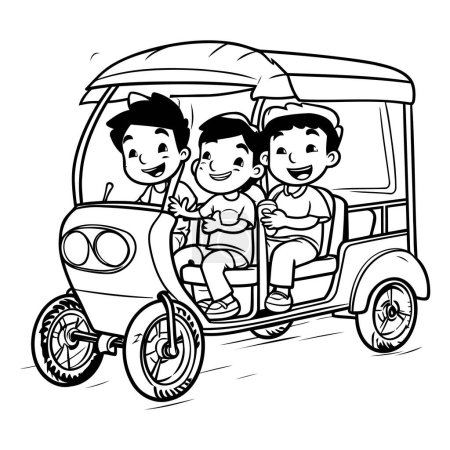Ilustración de Rickshaw con dos chicos sobre un fondo blanco. Ilustración vectorial - Imagen libre de derechos