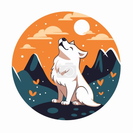 Illustration for Cute cartoon wolf in the mountains. Wild animal. Vector illustration. - Royalty Free Image