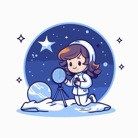 Illustration for Cute little girl with telescope and starry sky. Vector illustration. - Royalty Free Image