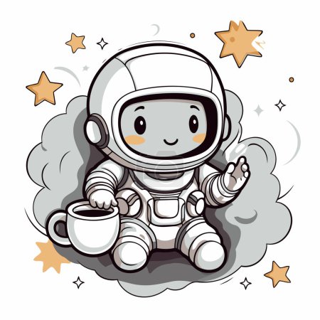 Illustration for Cute astronaut with a cup of tea. Cartoon vector illustration. - Royalty Free Image