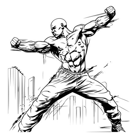 Luchador de kung fu. Ilustración vectorial en blanco y negro de un luchador de kung fu.