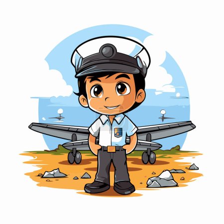 Illustration for Cartoon pilot in uniform with airplane on background. Vector illustration. - Royalty Free Image