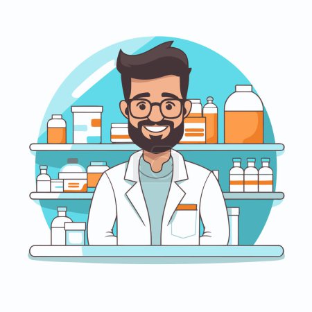 Illustration for Male pharmacist in a drugstore. Flat style vector illustration. - Royalty Free Image