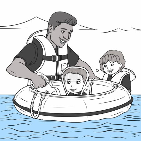 Téléchargez les photos : Père et enfants en bateau gonflable. Illustration vectorielle. Coloriage - en image libre de droit