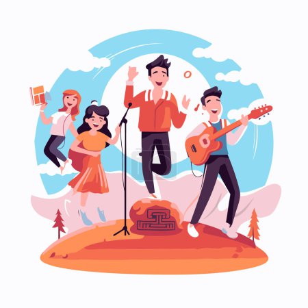 Illustration for Music festival flat color vector illustration. Cartoon people singing. playing guitar. singing songs on stage. Concert. concert. entertainment concept - Royalty Free Image