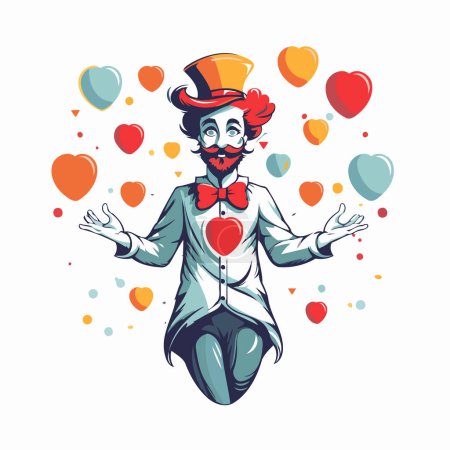 Illustration for Funny clown with heart shaped balloons. Vector illustration for your design - Royalty Free Image