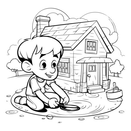 Téléchargez les illustrations : Illustration de dessin animé noir et blanc d'un enfant en quête d'une maison ou d'une maison pour un livre à colorier - en licence libre de droit