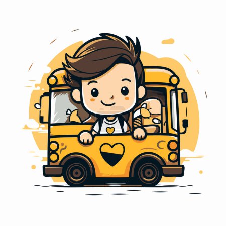 Ilustración de Lindo colegial montando un autobús escolar. Dibujos animados vectoriales ilustración. - Imagen libre de derechos