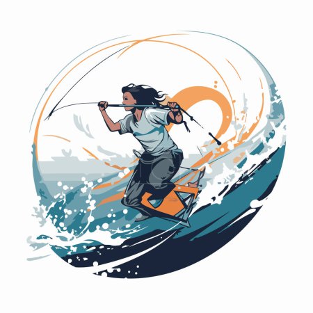 Illustration for Water sport - kitesurfer on the waves. Vector illustration. - Royalty Free Image
