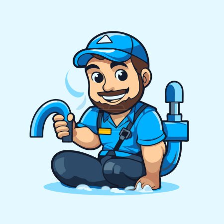 Illustration for Plumber with wrench cartoon character. Vector illustration of a plumber in work clothes. - Royalty Free Image