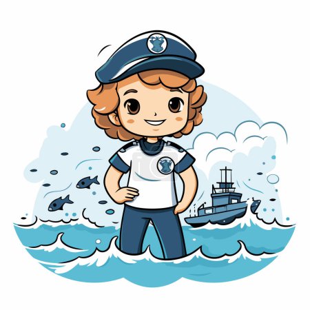 Téléchargez les illustrations : Illustration d'un mignon petit policier posant avec un navire - en licence libre de droit
