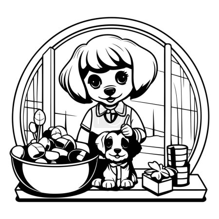 Illustration for Girl and dog in the pet shop. Black and white vector illustration. - Royalty Free Image