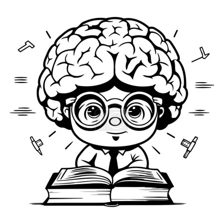 Illustration for Black and White Cartoon Illustration of Kid with Glasses Reading a Book - Royalty Free Image