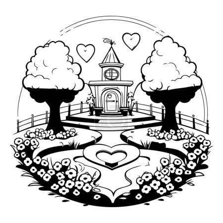 Téléchargez les illustrations : Jardin et église en forme de cœur. Illustration vectorielle noir et blanc. - en licence libre de droit