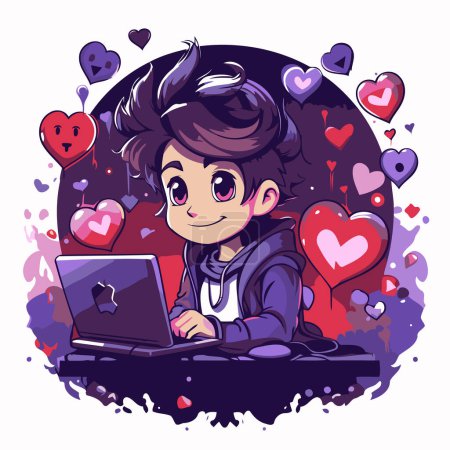 Illustration for Cute girl with laptop and hearts. Vector illustration in cartoon style. - Royalty Free Image
