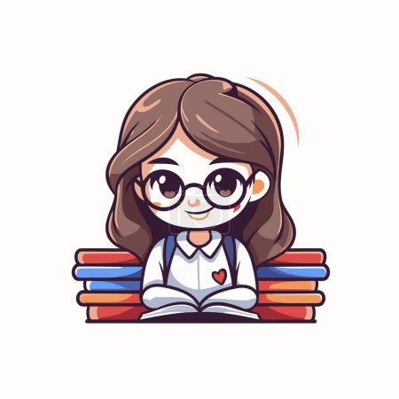 Illustration for Cute little girl with glasses and books. Vector cartoon illustration. - Royalty Free Image
