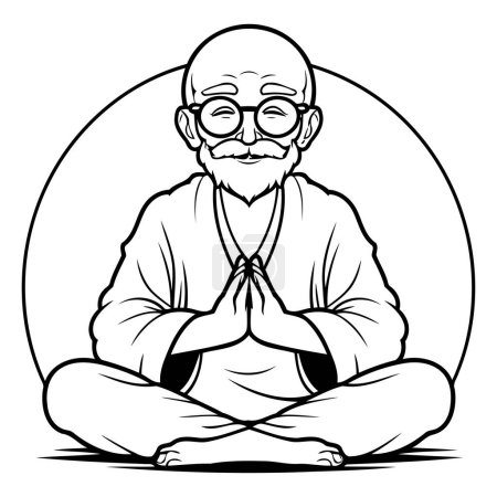 Ilustración de Hombre viejo meditando - Ilustración de dibujos animados en blanco y negro para colorear libro - Imagen libre de derechos