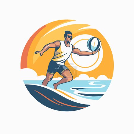 Illustration for Water polo player on the wave. Vector illustration of a water polo player on the beach - Royalty Free Image