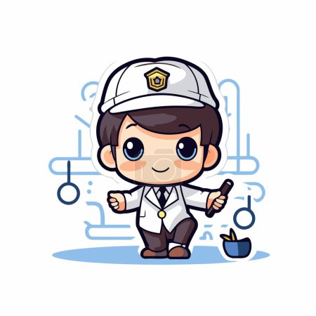 Illustration for Cute boy sailor with hat and smoking pipe. Vector illustration. Isolated on white background. - Royalty Free Image