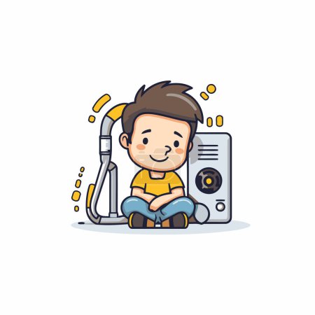 Illustration for Cute boy cleaning the house with vacuum cleaner. Vector illustration. - Royalty Free Image