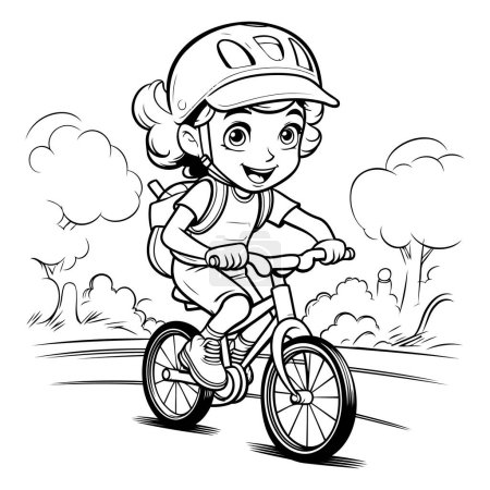 Illustration for Cute little girl riding a bike - black and white vector illustration - Royalty Free Image