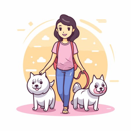 Téléchargez les illustrations : Jolie fille marchant avec ses chiens dans le parc. Illustration vectorielle. - en licence libre de droit