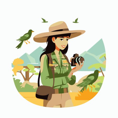 Téléchargez les illustrations : Femme touristique avec caméra et perroquet dans la nature illustration vectorielle. - en licence libre de droit