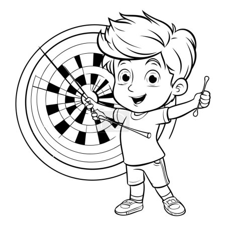 Schwarz-weiße Cartoon-Illustration von Kid Boy mit Dartscheibe für Malbuch