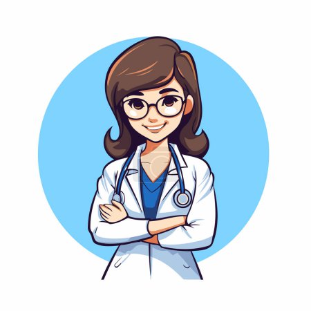 Téléchargez les illustrations : Médecin féminin avec stéthoscope et lunettes illustration vectorielle dessin animé graphisme - en licence libre de droit