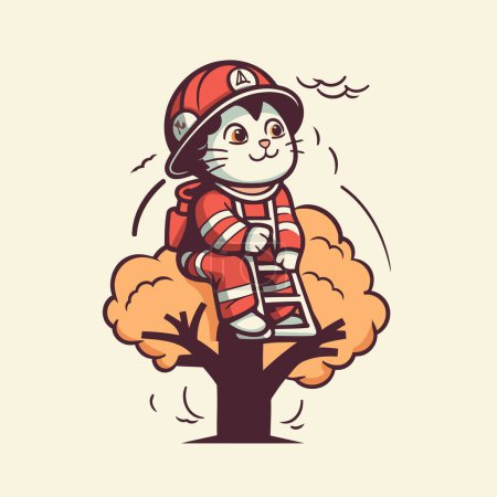 Téléchargez les illustrations : Illustration vectorielle d'un chat mignon en costume de pompier sur l'arbre. - en licence libre de droit
