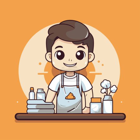 Illustration for Cute boy in apron with cleaning products. Vector illustration. - Royalty Free Image