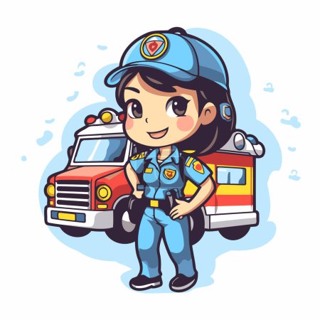 Ilustración de Linda niña bombero en uniforme con camión de bomberos. Ilustración vectorial. - Imagen libre de derechos