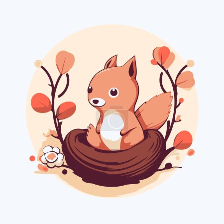 Illustration for Cute cartoon squirrel in nest. Vector illustration in a flat style. - Royalty Free Image