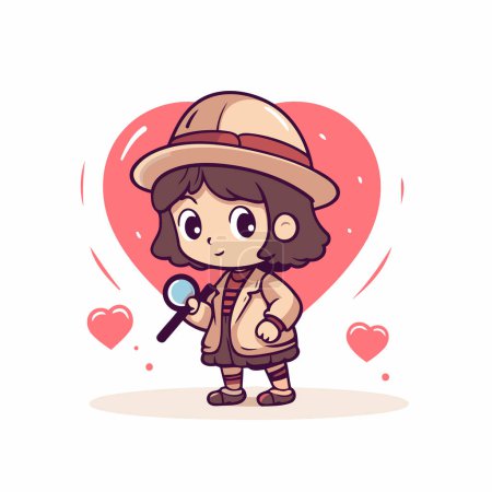 Illustration for Cute cartoon explorer girl with magnifier and heart. Vector illustration. - Royalty Free Image